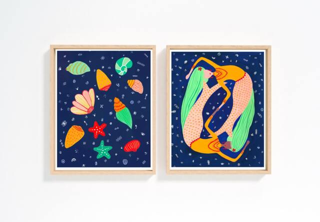 Set Of 2 Prints, Under The Sea Print, Bedroom Wall Art, Coastal Shells Preteen Gift, Mermaids Decor, Girls Room Print - image 1