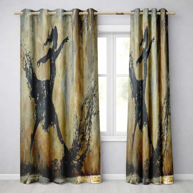 Dancing Ballerina Black Silhouette Gold Abstract Expressive Design For Home Decor Readymade Eyelet Ring Top Thermal 100% Blackout Curtains - image 1
