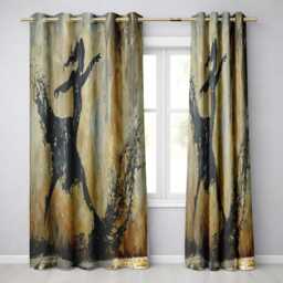 Dancing Ballerina Black Silhouette Gold Abstract Expressive Design For Home Decor Readymade Eyelet Ring Top Thermal 100% Blackout Curtains - thumbnail 1