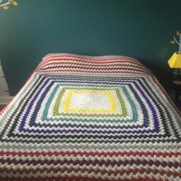 Handmade Rainbow Stripe Queen Sized Crocheted Bedspread - thumbnail 2