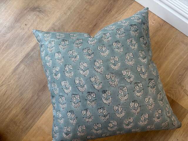 Hand Block Printed Pillow Cover - Designer-Inspired Floral Linen Blues Neutral Earth Tones Boho Modern Decor Euro Sham - image 1