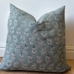Hand Block Printed Pillow Cover - Designer-Inspired Floral Linen Blues Neutral Earth Tones Boho Modern Decor Euro Sham - thumbnail 2