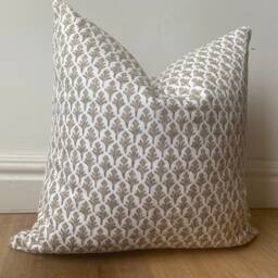 Hand Block Printed Pillow Cover - Designer-Inspired Floral Linen Blues Neutral Earth Tones Boho Modern Decor Euro Sham - thumbnail 4