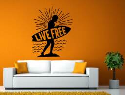 Live Free Sunset Surfboard Surfer Beach Water Sport Room Wall Sticker Decal Vinyl Mural Decor Art L2431 - thumbnail 1