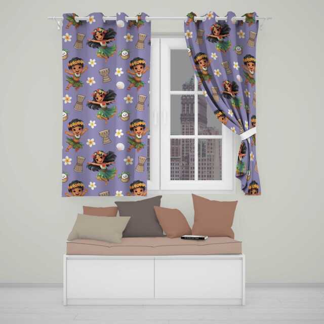Cute Hawaiian Girl Hula Dance Coconut Shell Purple Background Seamless Pattern Readymade Eyelet Ring Top Thermal 100% Blackout Curtains - image 1