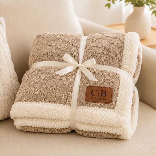 Personalized Sherpa Textured Blanket, Engraved Leather Tag Cozy Throws, Wedding Gifts For Newlywed, Housewarming Gift For Her/Him - image 1