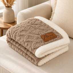 Personalized Sherpa Textured Blanket, Engraved Leather Tag Cozy Throws, Wedding Gifts For Newlywed, Housewarming Gift For Her/Him - thumbnail 4