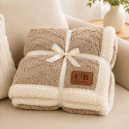 Personalized Sherpa Textured Blanket, Engraved Leather Tag Cozy Throws, Wedding Gifts For Newlywed, Housewarming Gift For Her/Him - thumbnail 1