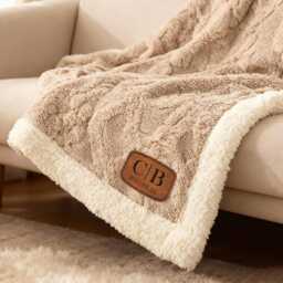 Personalized Sherpa Textured Blanket, Engraved Leather Tag Cozy Throws, Wedding Gifts For Newlywed, Housewarming Gift For Her/Him - thumbnail 2
