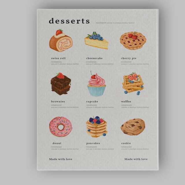 Vintage Homemade Desserts Watercolour Recipe Chart Canvas Wall Art Print Decor Picture Ready To Hang - image 1