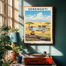 Serengeti Wildlife Art Print Vintage Gouache African Landscape - thumbnail 2