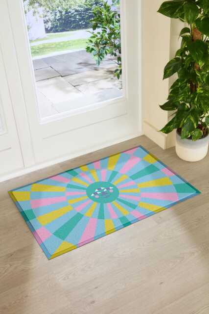 Elizabeth Olwen Blue Sun Face Indoor Outdoor Doormat - Celestial Entrance Rug Boho Home Decor Housewarming Gift 90x60cm - image 1
