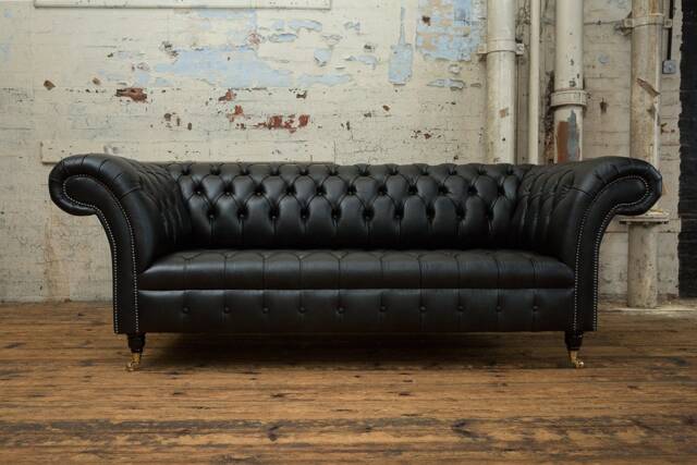 3 Seater Vintage Black Leather Chesterfield Sofa, Couch, Settee - Handmade - image 1