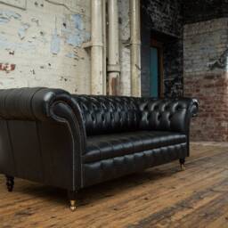 3 Seater Vintage Black Leather Chesterfield Sofa, Couch, Settee - Handmade - thumbnail 3