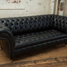 3 Seater Vintage Black Leather Chesterfield Sofa, Couch, Settee - Handmade - thumbnail 2