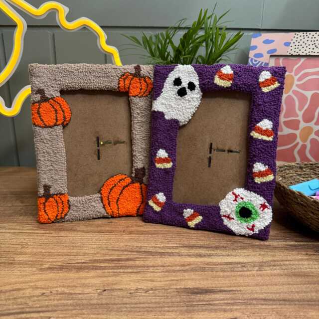 Handmade Halloween Punch Needle Picture Frame - Home Decor 4x6 Wall Art Hanging Tufted Photo Gift - image 1