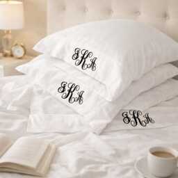 Personalized Monogram Pillowcases & Sheet Set - Custom Embroidered Bedding Classic, Interlocking, Stacked Or Diamond - thumbnail 2