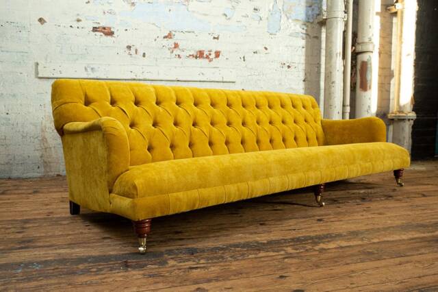 Handmade 4 Seater Mustard Velvet Fabric Chesterfield Sofa - Low Retro Seat - image 1
