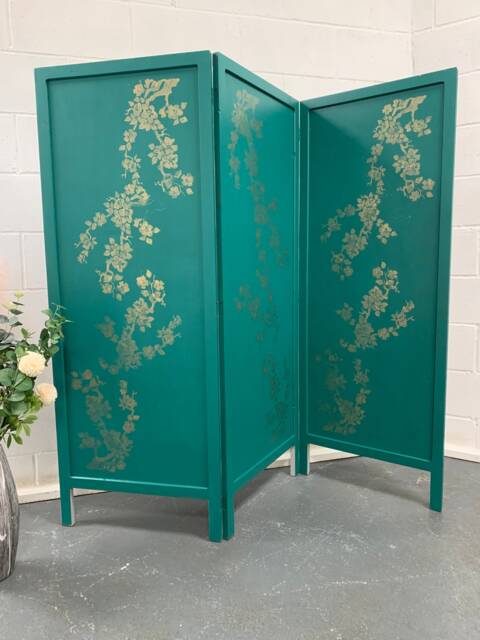 Hand Painted Blossom Gold Teal & Grey Room Divider Screen - image 1