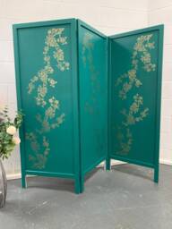 Hand Painted Blossom Gold Teal & Grey Room Divider Screen - thumbnail 1