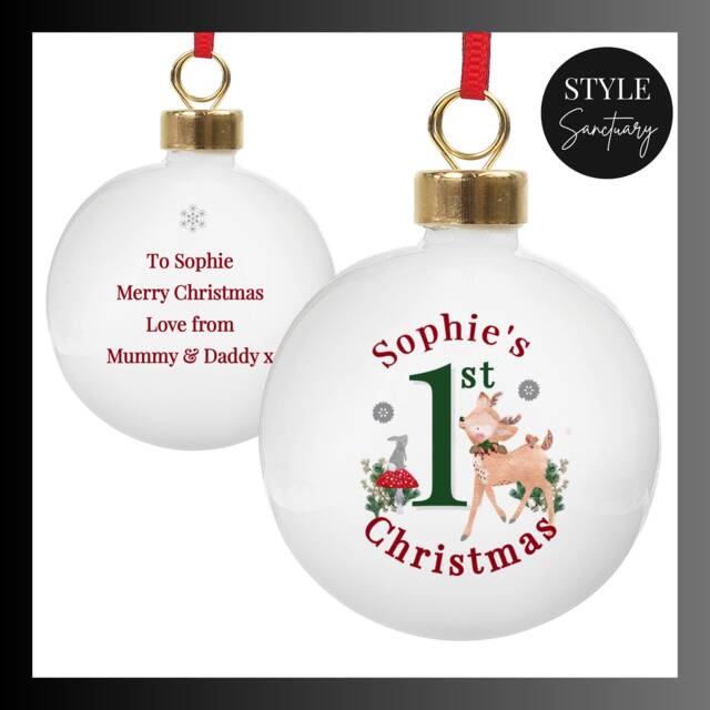 Personalised 1st Christmas Festive Fawn Bauble - Baby's First Xmas Tree Decoration Customise With Name & Special Message Keepsake Gift - image 1