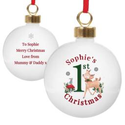 Personalised 1st Christmas Festive Fawn Bauble - Baby's First Xmas Tree Decoration Customise With Name & Special Message Keepsake Gift - thumbnail 3