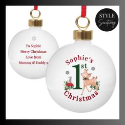 Personalised 1st Christmas Festive Fawn Bauble - Baby's First Xmas Tree Decoration Customise With Name & Special Message Keepsake Gift