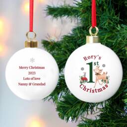 Personalised 1st Christmas Festive Fawn Bauble - Baby's First Xmas Tree Decoration Customise With Name & Special Message Keepsake Gift - thumbnail 4