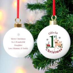 Personalised 1st Christmas Festive Fawn Bauble - Baby's First Xmas Tree Decoration Customise With Name & Special Message Keepsake Gift - thumbnail 2