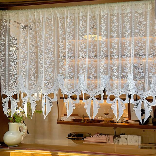 Floral Sheer Valance Curtain, Elegant Translucent Lace Window Curtain With Bow Edging - image 1