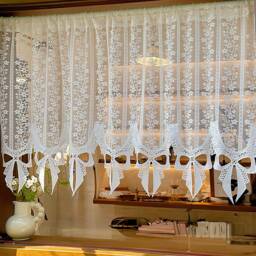 Floral Sheer Valance Curtain, Elegant Translucent Lace Window Curtain With Bow Edging - thumbnail 1