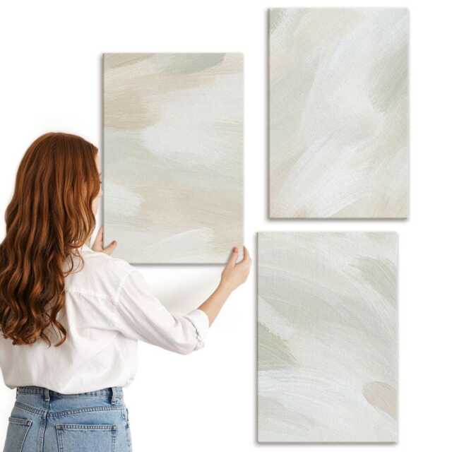 Canvas Set Of 3 - Bright Paints On Canvas, Delicate Boho Style, Beige Picture Print, Natural Textures Wall Decor - image 1