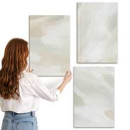 Canvas Set Of 3 - Bright Paints On Canvas, Delicate Boho Style, Beige Picture Print, Natural Textures Wall Decor - thumbnail 1