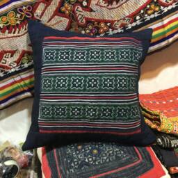 Vintage Handmade Tribal Black Hmong Embroidered Silk Cotton Pillow Over - thumbnail 1