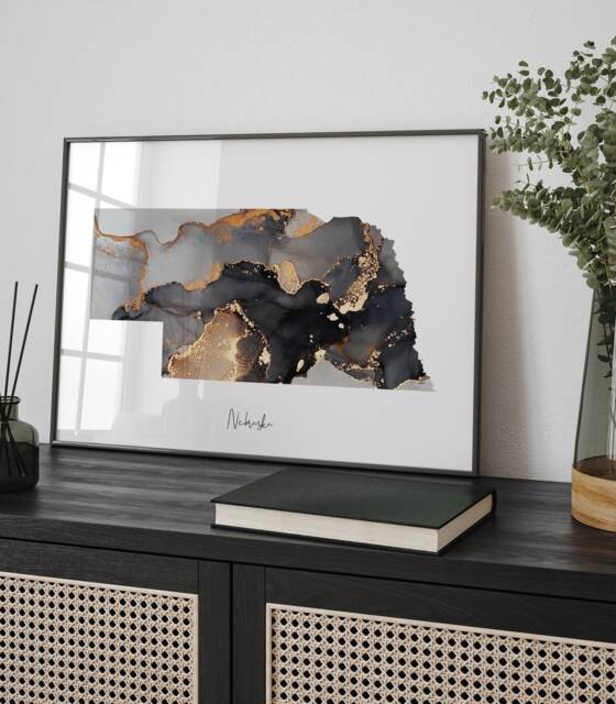 Nebraska Map Black & Gold Wall Art Print Us State - Usa United States Of America - image 1