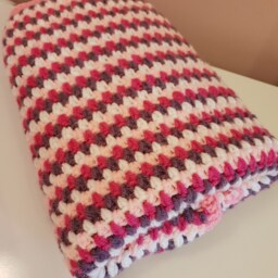 Handmade Crochet Baby Blanket Pink, Purple & White Acrylic Yarn - thumbnail 2