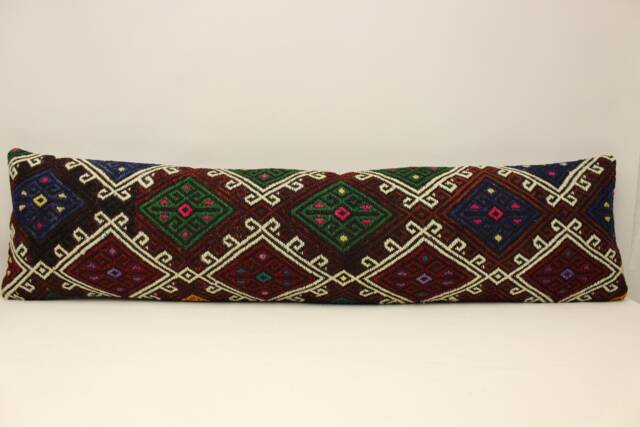 Vintage Turkish Kilim Pillow Cover, Wool Lumbar Cushion - 12x47 In - image 1