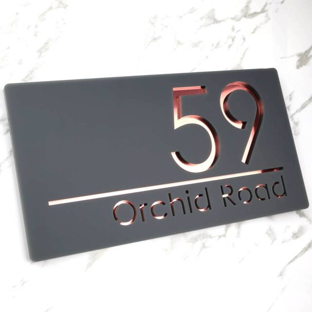 K Smart Sign - Bellissima H1 Laser Cut Matt Dark Gray Anthracite & Rose Gold Mirror Floating House 300mm X 160mm - image 1