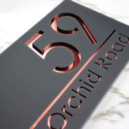K Smart Sign - Bellissima H1 Laser Cut Matt Dark Gray Anthracite & Rose Gold Mirror Floating House 300mm X 160mm - thumbnail 3