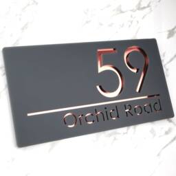K Smart Sign - Bellissima H1 Laser Cut Matt Dark Gray Anthracite & Rose Gold Mirror Floating House 300mm X 160mm - thumbnail 1