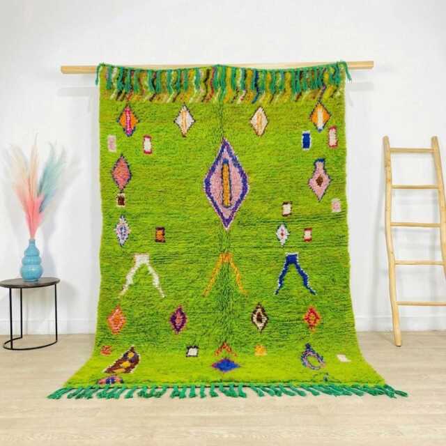 Lime Green Geometric Diamond Moroccan Rug, Vibrant Tribal Berber Wool Carpet, Dopamine Decor, Custom Large Area Shag - image 1