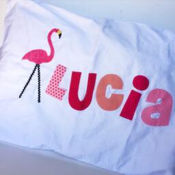 Personalized Kids Decor Personalized Pillow Case, Flamingo Pillow, Pink Peach Coral Applique Letters 320 Thread Count Satin - thumbnail 2