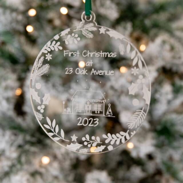 Personalised 1st Christmas in Our New Home Bauble Clear Acrylic - image 1