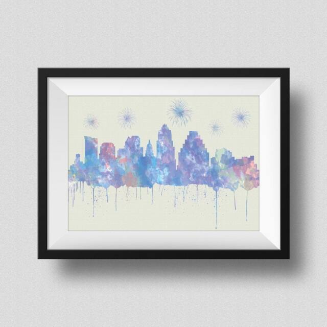 Austin Skyline Watercolor Print, Texas With Firework Ink Splash Poster Art, Print