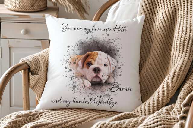Personalised Pet Memorial Cushion, Watercolour Dog Photo Tribute, Favourite Hello Hardest Goodbye Keepsake - image 1