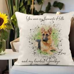 Personalised Pet Memorial Cushion, Watercolour Dog Photo Tribute, Favourite Hello Hardest Goodbye Keepsake - thumbnail 2