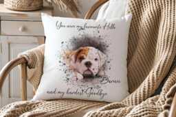 Personalised Pet Memorial Cushion, Watercolour Dog Photo Tribute, Favourite Hello Hardest Goodbye Keepsake - thumbnail 1