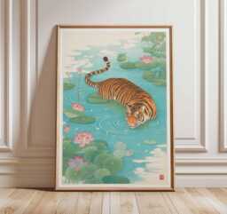 Tiger Wall Art Print - Japanese Style Poster, Exotic Animal Artwork, Lotus Pond Illustration, Oriental Nature Home Decor - thumbnail 1