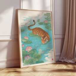 Tiger Wall Art Print - Japanese Style Poster, Exotic Animal Artwork, Lotus Pond Illustration, Oriental Nature Home Decor - thumbnail 3