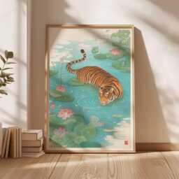 Tiger Wall Art Print - Japanese Style Poster, Exotic Animal Artwork, Lotus Pond Illustration, Oriental Nature Home Decor - thumbnail 2